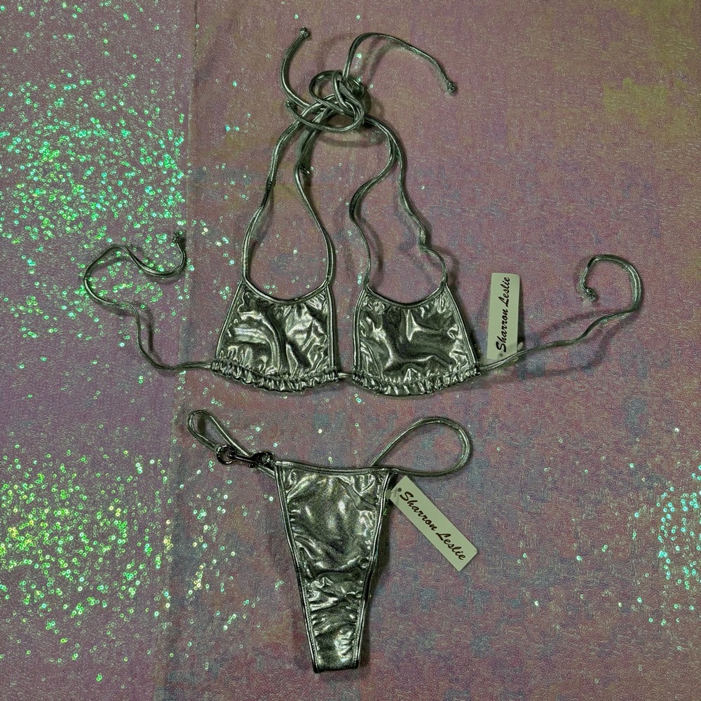 Sharron Leslie Metallic Silver Statement Tiny Bikini Set ★彡